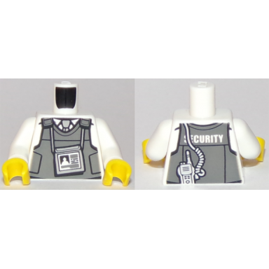 white torso dark bluish gray body armor vest over shirt light bluish gray tie id badge security and silver radio on back pattern white arms yellow hands