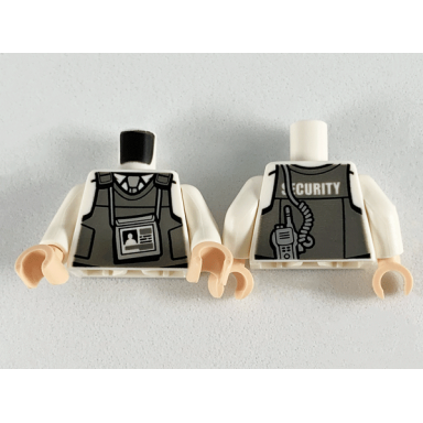 white torso dark bluish gray body armor vest over shirt light bluish gray tie id badge security and silver radio on back pattern white arms light nougat hands