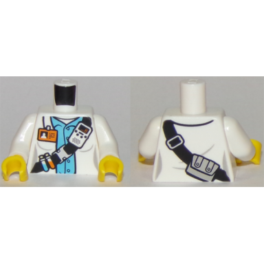 white torso town scientist female with white shirt over medium blue shirt name tag beakers and radio pattern white arms yellow hands