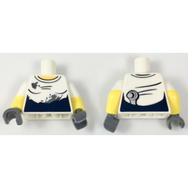 white torso female t-shirt with oil stains dark blue sash ratchet tucked in back pattern yellow arms with molded white short sleeves pattern dark bluish gray hands