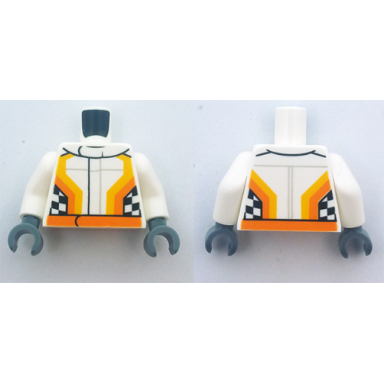 white torso racing jacket with orange stripes and checkered flag on front and back pattern white arms dark bluish gray hands