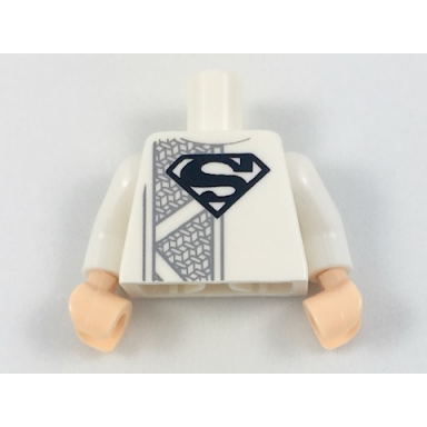 white torso robe with black superman s logo and dark bluish gray mesh stripe pattern white arms light nougat hands