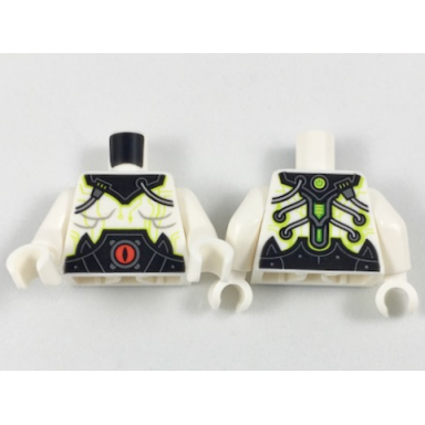 white torso black collar and belt with red eye silver cables and lime circuitry pattern white arms white hands