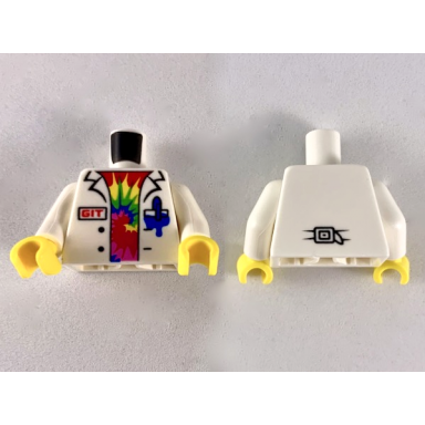 white torso lab coat with blue pen and ink stain red git over shirt with rainbow swirl pattern white arms yellow hands