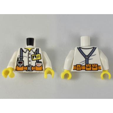 white torso town miners white shirt with dark gray suspender straps pattern with radio notebook and id badge white arms yellow hands