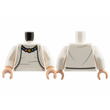 white torso female cardigan sweater over shirt necklace with dark silver gold metallic light blue and metallic pink beads pattern white arms light nougat hands