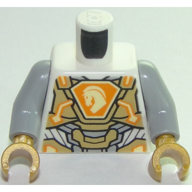 white torso nexo knights armor gold panels orange emblem yellow horse head pattern light bluish gray arms pearl gold hands