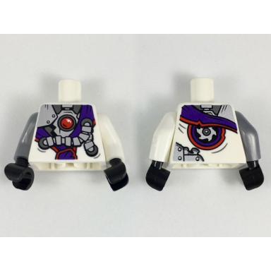 white torso ninjago robe with purple sash with knot mechanical parts and silver saw blade pattern white arm left flat silver arm right black hands