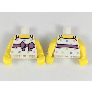 white torso female top with straps medium lavender belt with bow bright colored squares pattern yellow arms yellow hands