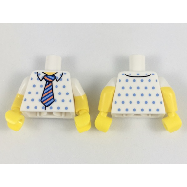 white torso shirt with medium blue dots orange dark blue and bright light blue striped tie pattern yellow arms with molded white short sleeves pattern yellow hands