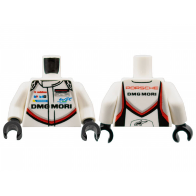 white torso racing suit with porsche dmg mori and black red and light bluish gray stripe on front and back pattern white arms black hands