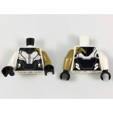 white torso female armor black collar and midriff silver contours pearl gold left shoulder pattern pearl gold arm left white arm right black hands