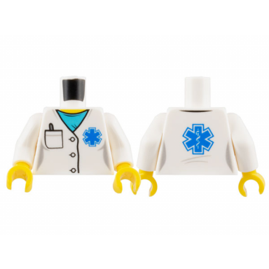 white torso hospital lab coat medium azure scrubs blue emt star of life pocket with pen pattern white arms yellow hands