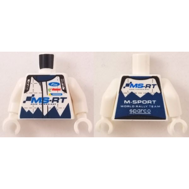 white torso speed champions with ford and sparco logo with ms-rt on front and m-sport world rally team on back pattern white arms white hands