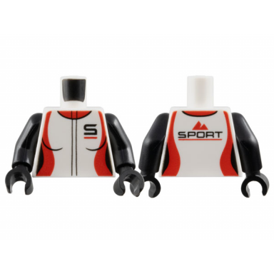 white torso female racing suit with black capital letter s and red collar and side panels mountains logo and sport on back pattern black arms black hands