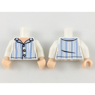 white torso pajamas top with light nougat neck tan buttons bright light blue vertical stripes pattern white arms light nougat hands