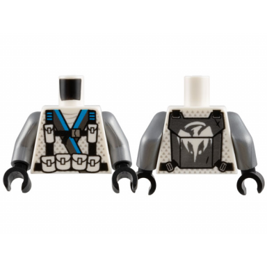 white torso ninjago robe with dark azure and dark silver trim black harness with pouches and silver buckle backpack with dragon logo pattern flat silver arms black hands