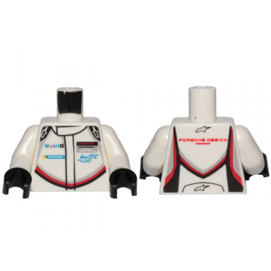 white torso speed champions with mobil 1 and wec logo on front porsche design logo on back pattern white arms black hands