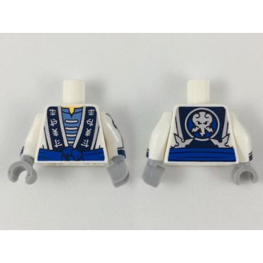 white torso ninjago robe with elemental logogram blue sash pattern white arms with dark blue cuffs water symbols on circles silver trim and dots pattern light bluish gray hands