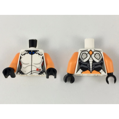 white torso female bodysuit black center seam and collar blue squares at neck red squares by belt pattern orange arms black hands