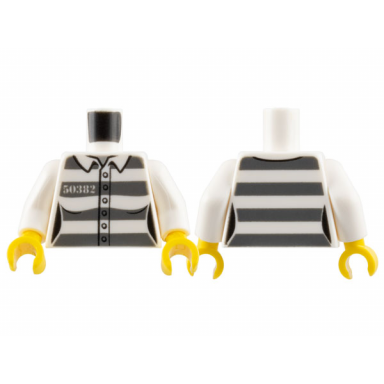 white torso town prisoner female number 50382 dark bluish gray stripes 6 buttons pattern white arms yellow hands