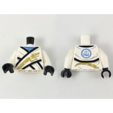 white torso ninjago wrapped robe with bright light blue neck ruffle black hems gold dragon pattern white arms black hands