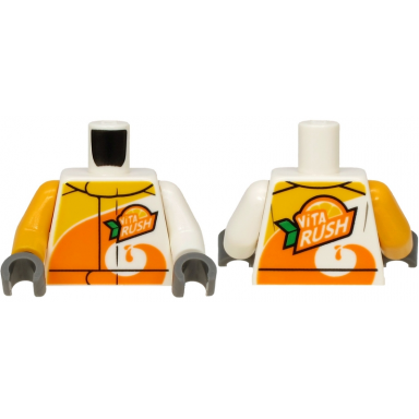 white torso jacket with orange spiral vita rush logo pattern on front and back white arm left bright light orange arm right dark bluish gray hands