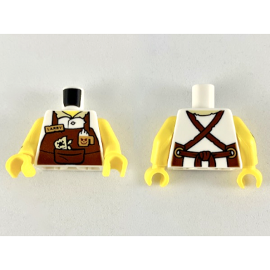 white torso reddish brown apron with cup larry name tag straps pattern yellow arm left yellow arm right with black tattoo pattern yellow hands