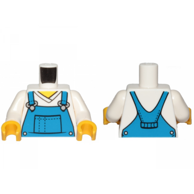 white torso v-neck shirt with blue overalls dotted horizontal line on front pocket - printed back pattern white arms yellow hands
