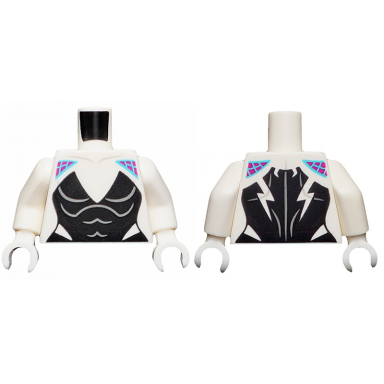 white torso female black bodysuit with deep v neck magenta shoulders with medium azure webbing pattern white arms white hands