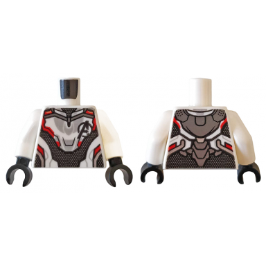white torso armor with black avengers logo and panel with silver dots red and light bluish gray trim pattern white arms black hands