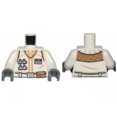 white torso sw hoth rebel vest with id badge utility belt large buckle and tan scarf pattern white arms dark bluish gray hands