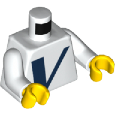 white torso with dark blue capital letter v vestas logo pattern white arms yellow hands