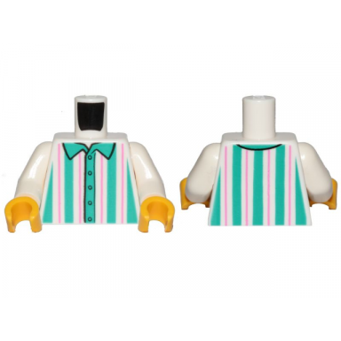 white torso shirt with dark turquoise and dark pink vertical stripes pattern white arms yellow hands