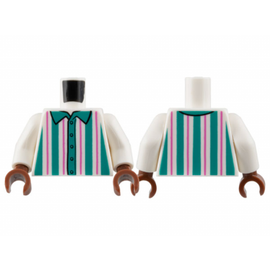 white torso shirt with dark turquoise and dark pink vertical stripes pattern white arms reddish brown hands