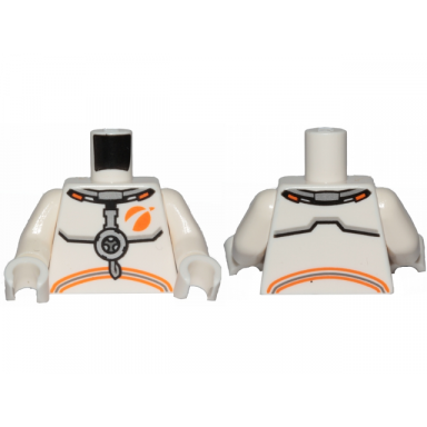 white torso spacesuit with dark bluish gray and orange stripes pattern white arms white hands