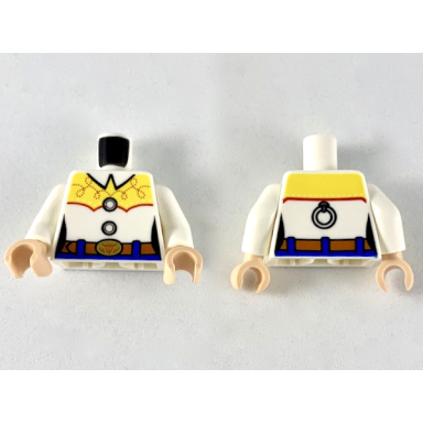 white torso female western shirt with collar yellow shoulders with red stitching reddish brown belt and gold buckle pattern white arms light nougat hands