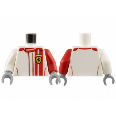 white torso speed champions with red stripes and ferrari logo pattern red arm left white arm right light bluish gray hands
