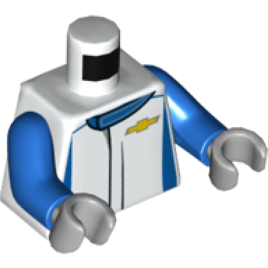 white torso speed champions jumpsuit with blue markings and chevrolet logo pattern blue arms light bluish gray hands