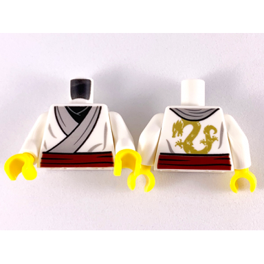 white torso ninjago kimono with gray trim dark red sash and gold dragon on back pattern white arms yellow hands