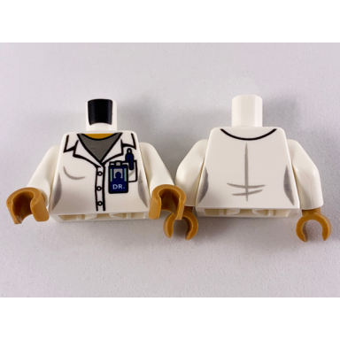 white torso female lab coat over dark bluish gray shirt dr id badge and pocket pattern white arms medium nougat hands