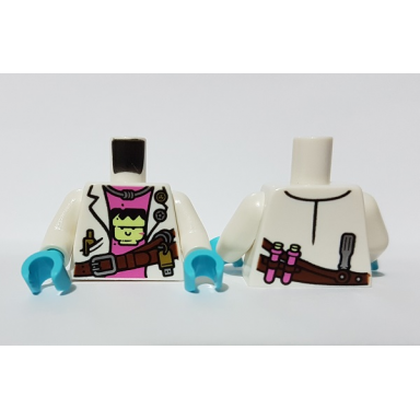 white torso female lab coat over dark pink undershirt with frankenstein design and reddish brown belt pattern white arms medium azure hands
