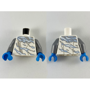 white torso ninjago robe with light bluish gray hem silver and bright light blue electricity pattern flat silver arms dark azure hands