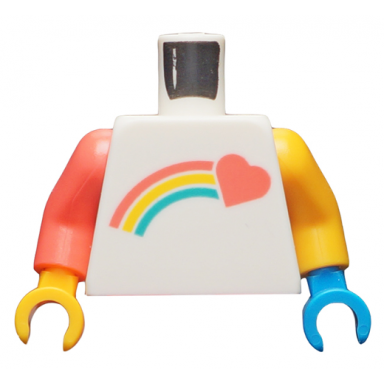 white torso coral shooting heart and rainbow pattern bright light orange arm left coral arm right dark azure hand left bright light orange hand right