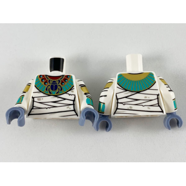 white torso female mummy wrappings and scarab collar pattern white arms with wrappings gold and dark turquoise bracelets pattern sand blue hands