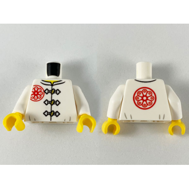 white torso gi with 3 gold frog clasps red flower symbol on lapel and back pattern white arms yellow hands