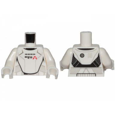 white torso sw armor jet trooper with black alien characters and red markings pattern white arms white hands