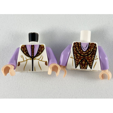white torso robe with reddish brown and dark tan tie and lapels lavender shirt pattern lavender arms light nougat hands