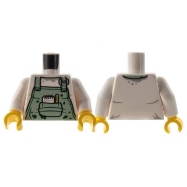 white torso sand green apron dark green splotches pen and pad in pocket pattern white arms yellow hands