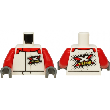 white torso jacket with red collar white and yellow xtreme logo pattern on front and back red arms dark bluish gray hands